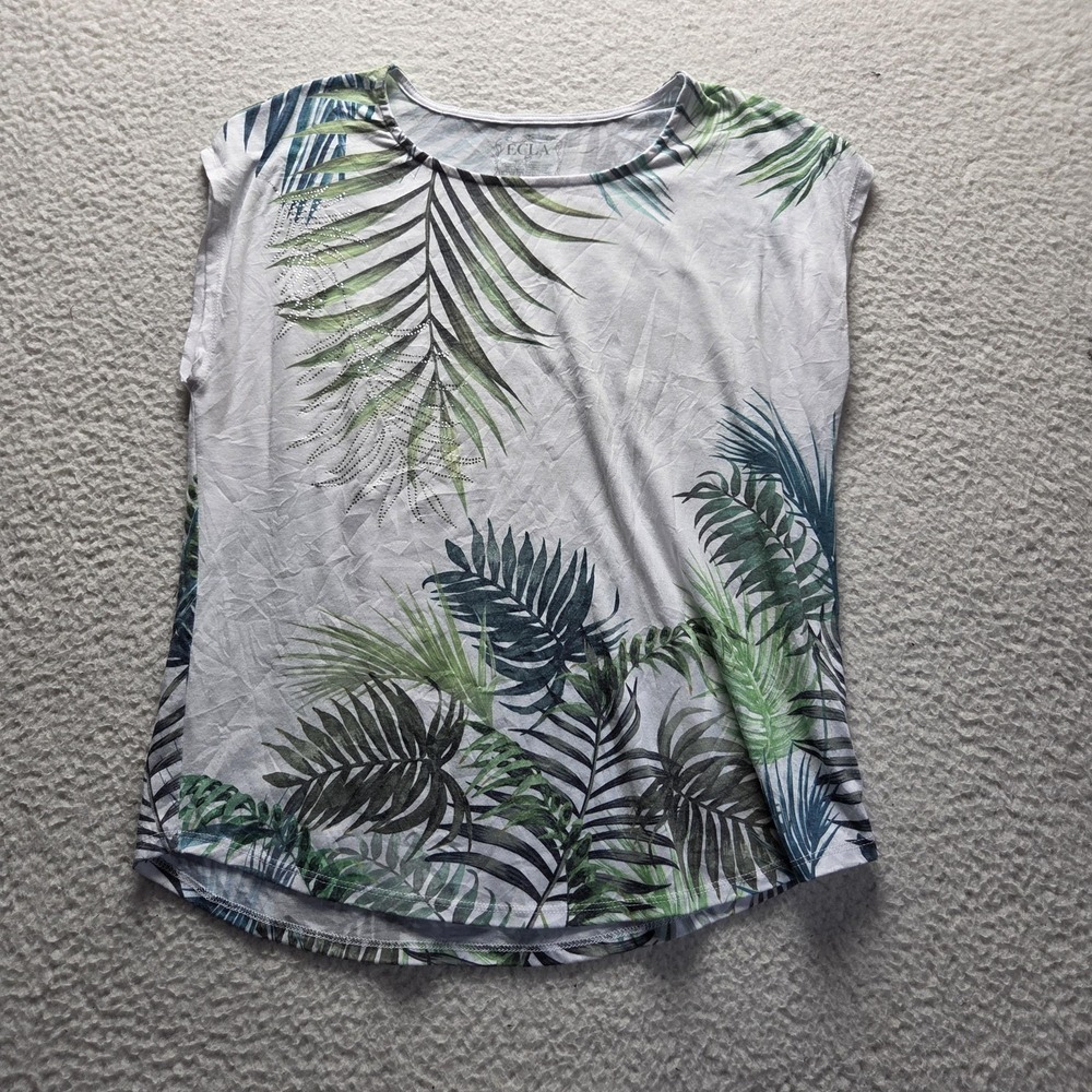 ECLA Shirt Womens Large White Crew Neck Cap Sleeve Tropical Rhinestone Top